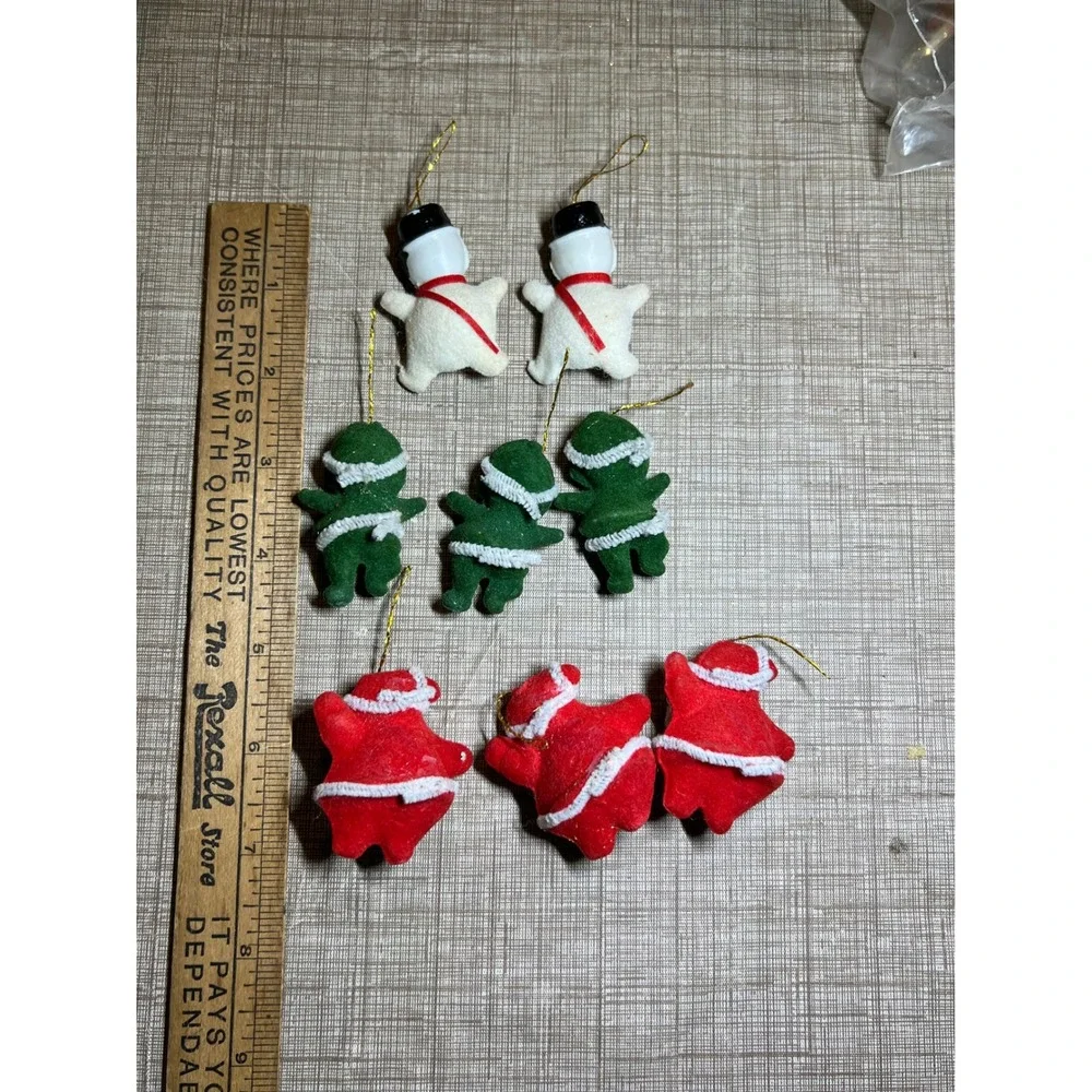 Vintage Flocked Christmas Ornaments Set of 8 Santa Elf Snowman Retro Mid Century